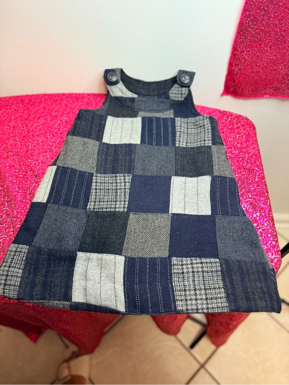 GAP Patchwork Plaid Navy and Gray Pinafore Dress